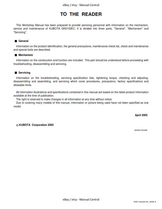 KUBOTA GR2100EC WORKSHOP SERVICE REPAIR MANUAL REPRINTED 2006