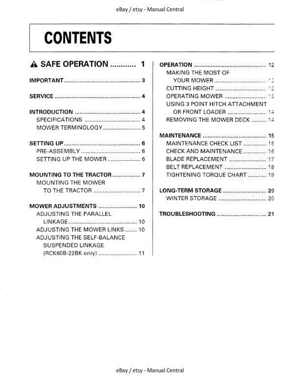 KUBOTA RCK60-22BX RCK54-22BX OPERATOR MANUAL REPRINTED