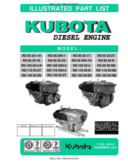 KUBOTA  DIESEL ENGINE RD 85 105 110 140 PARTS MANUAL REPRINTED 2018