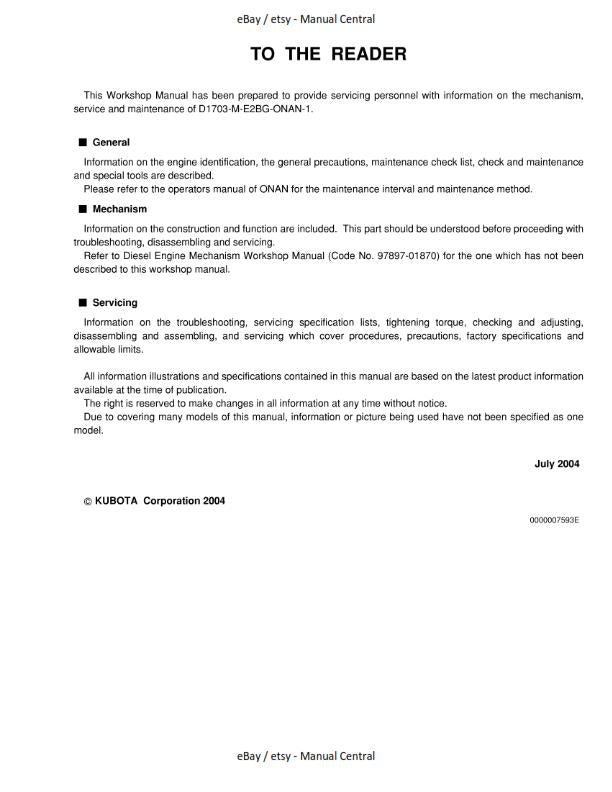 KUBOTA DIESEL ENGINE D1703-M-E2BG-ONAN-1 WORKSHOP REPAIR MANUAL REPRINTED 2004