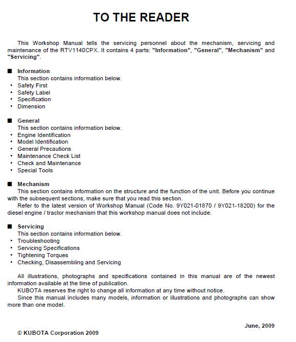 KUBOTA UTILITY VEHICLE RTV1140 CPX WORKSHOP REPAIR SERVICE 2014 REVISION