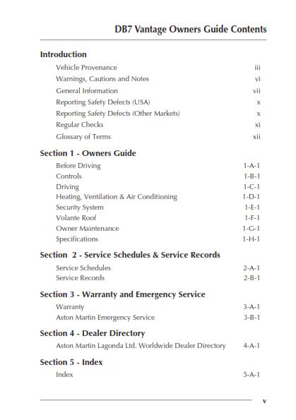 ASTON MARTIN DB7 V12 VANTAGE  & VOLANTE OWNERS MANUAL 2003 EDITION (US VERSION)