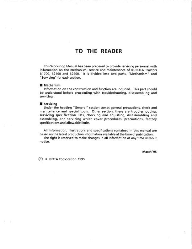 KUBOTA TRACTOR B1700 B2100 B2400 WORKSHOP SERVICE REPAIR MANUAL REPRINT