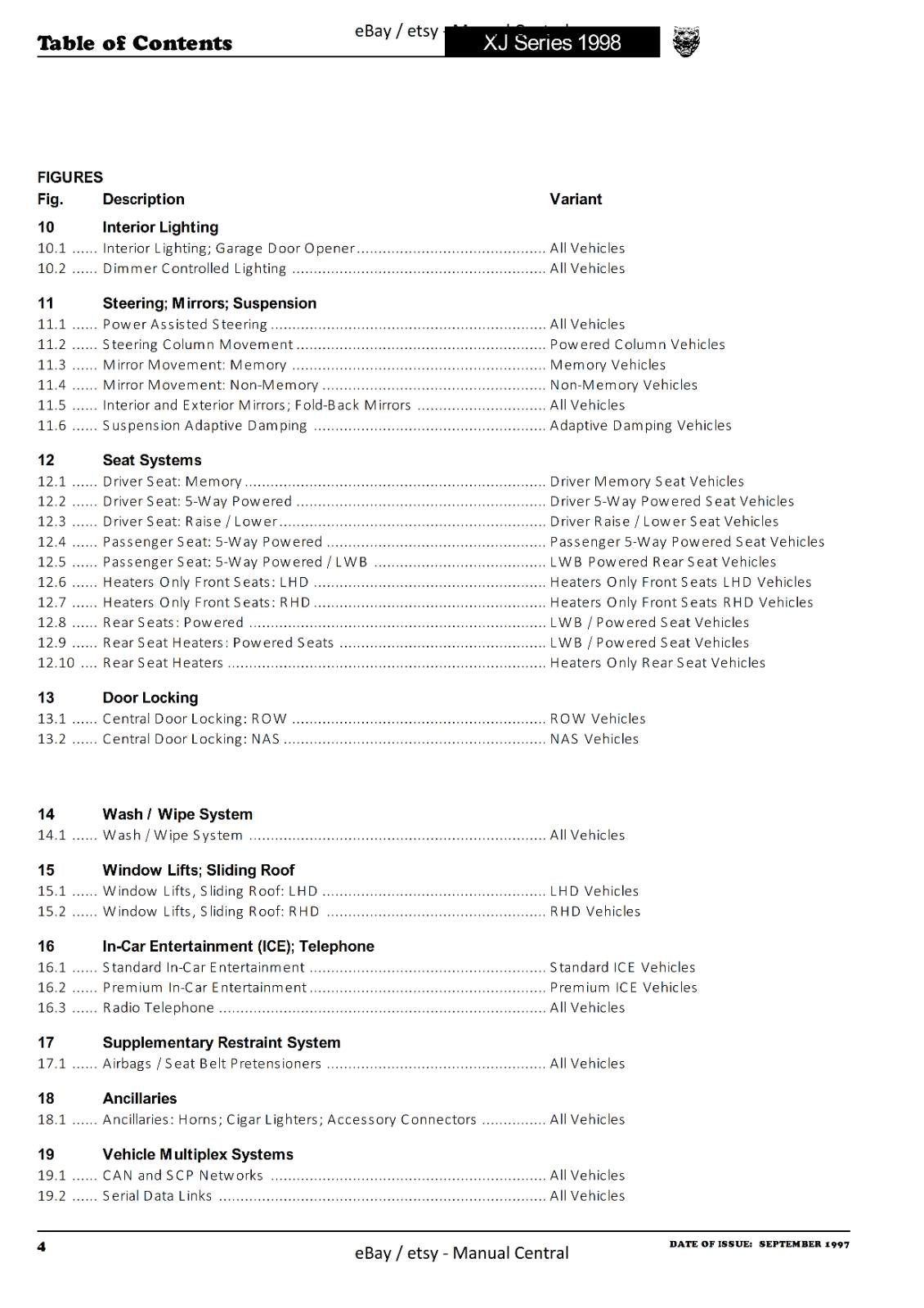 JAGUAR XJ SERIES SEDAN 1998 ELECTRICAL GUIDE WIRING MANUAL REPRINTED COMB BOUND