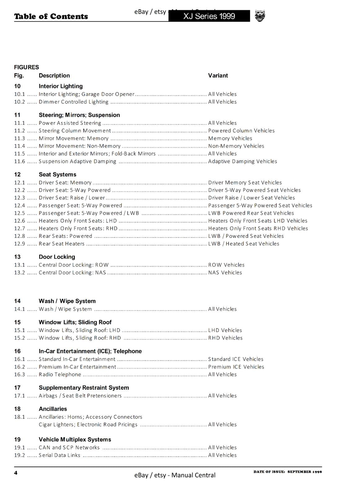 JAGUAR XJ SERIES SEDAN 1999 ELECTRICAL GUIDE MANUAL WIRING REPRINTED COMB BOUND