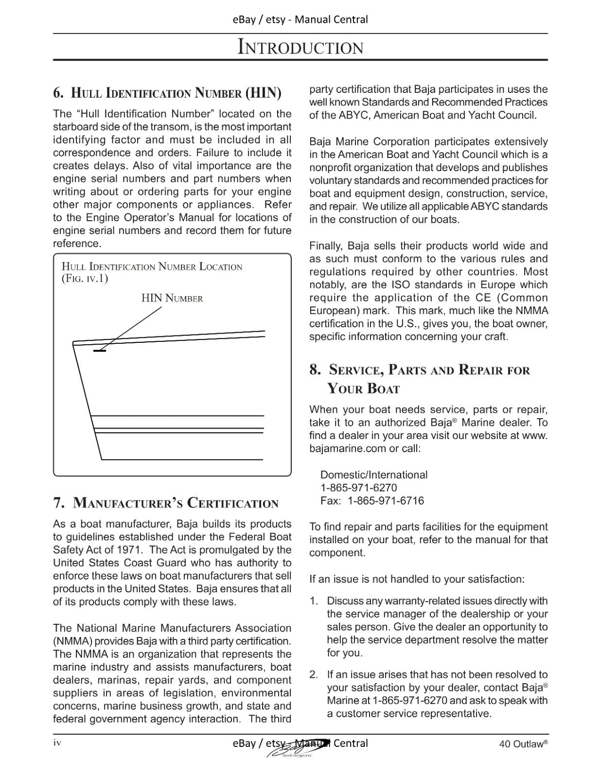BAJA MARINE 40 OUTLAW BOAT OWNERS MANUAL REPRINTED COMB BOUND