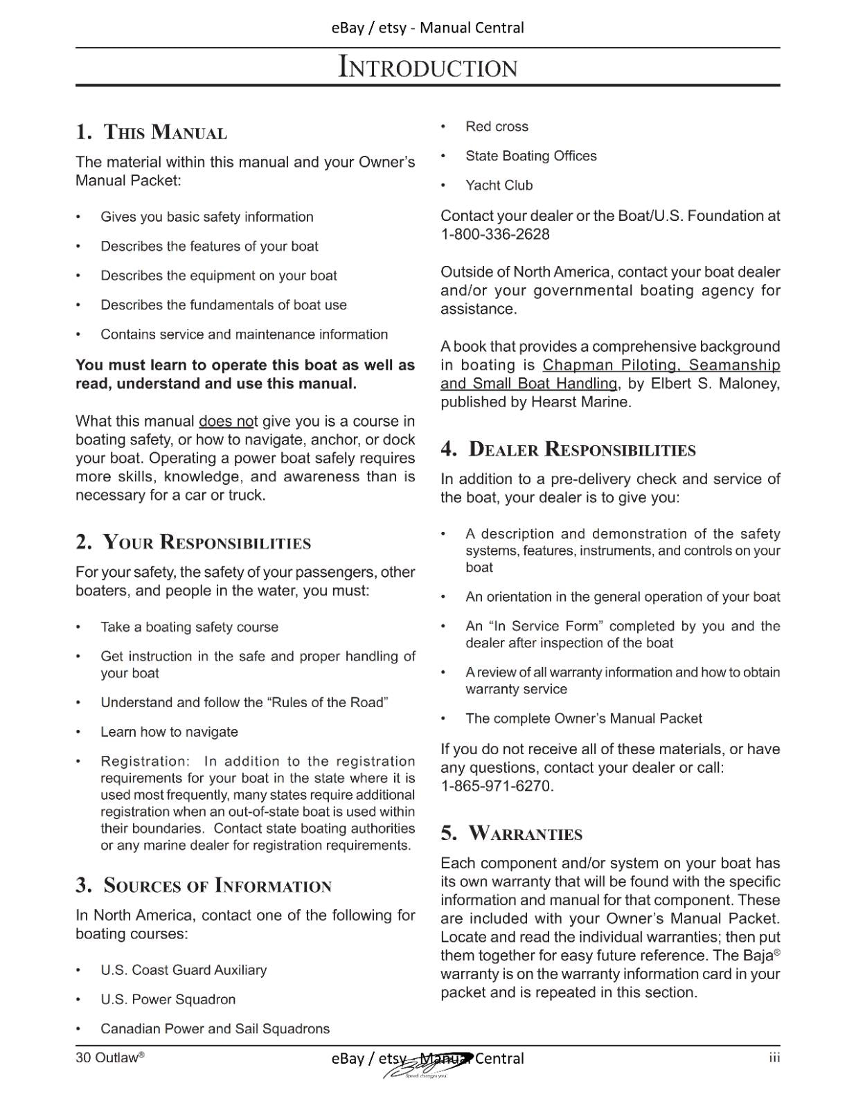 BAJA MARINE 30 OUTLAW BOAT OWNERS MANUAL REPRINTED COMB BOUND