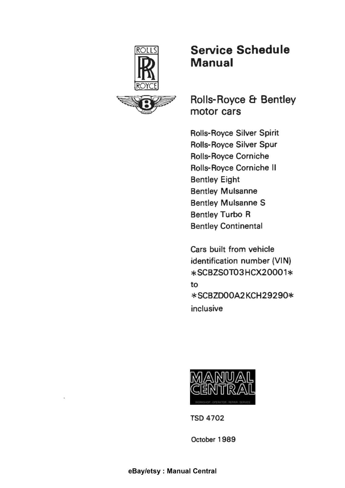 BENTLEY EIGHT MULSANNE S TURBO R CONTINENTAL SERVICE SCHEDULE 87-89 TSD4702