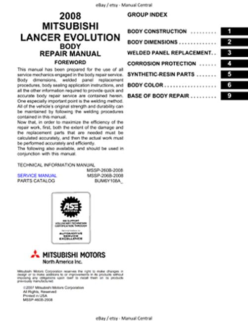 MITSUBISHI LANCER EVO X 10 BODY REPAIR MANUAL REPRINTED COMB BOUND 2008
