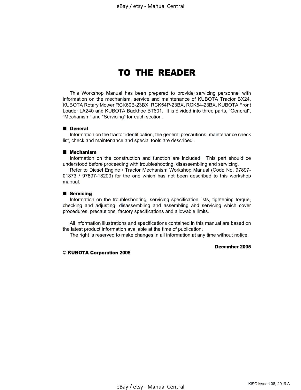 KUBOTA TRACTOR BX24, FRONT LOADER LA240, BACKHOE BT601 SERVICE WORKSHOP MANUAL