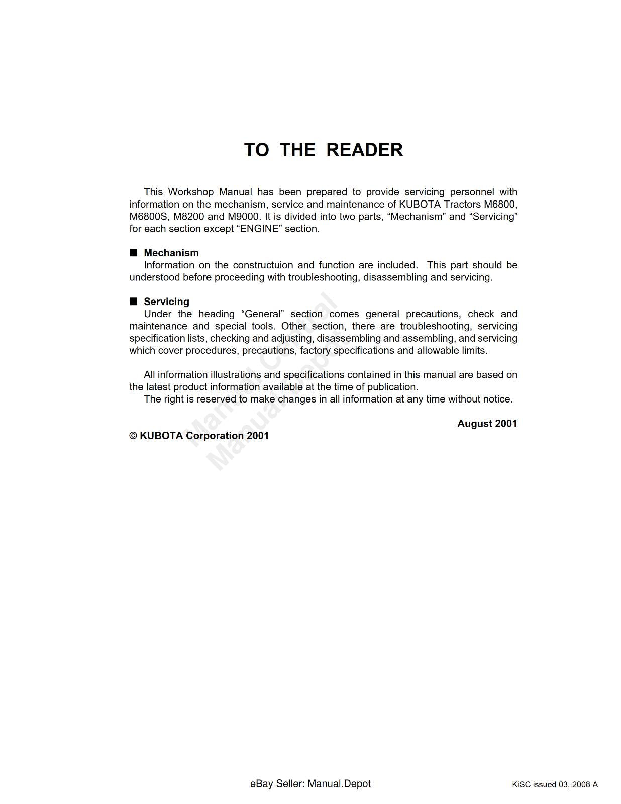 KUBOTA TRACTOR M6800 M6800S M8200 M9000 WORKSHOP SERVICE REPAIR MANUAL REPRINTED