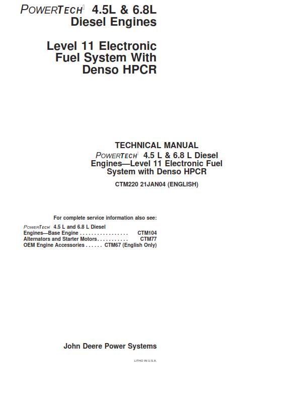 JOHN DEERE POWERTECH 4.5L 6.8L LEVEL 11 TECHNICAL MANUAL CTM220 REPRINTED