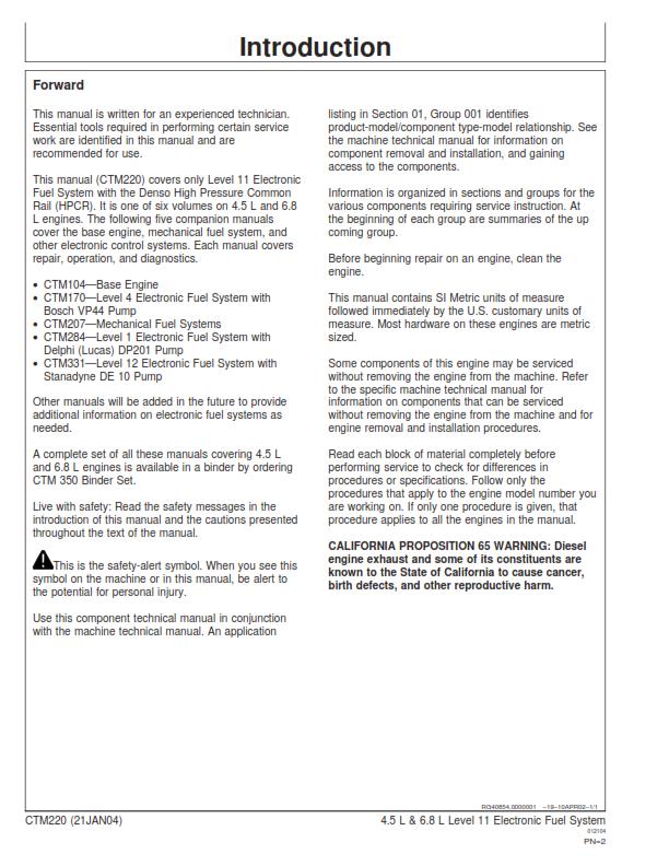 JOHN DEERE POWERTECH 4.5L 6.8L LEVEL 11 TECHNICAL MANUAL CTM220 REPRINTED