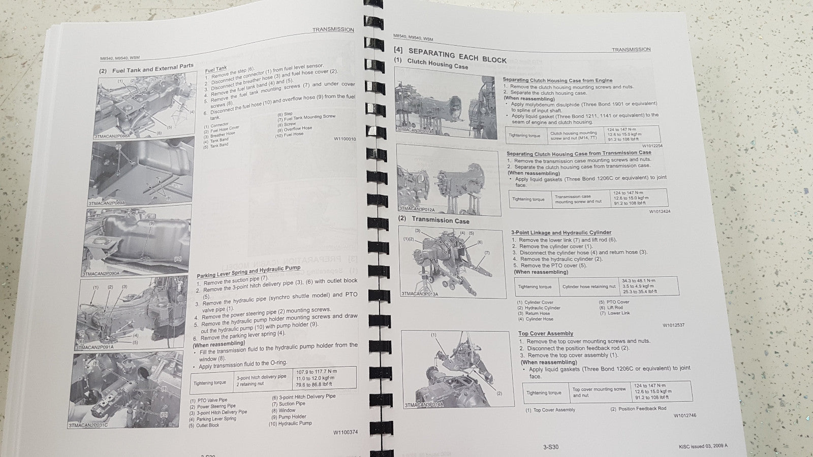 KUBOTA M8540 M9540 TRACTOR WORKSHOP MANUAL REPRINTED 2009 EDITION COMB BOUND