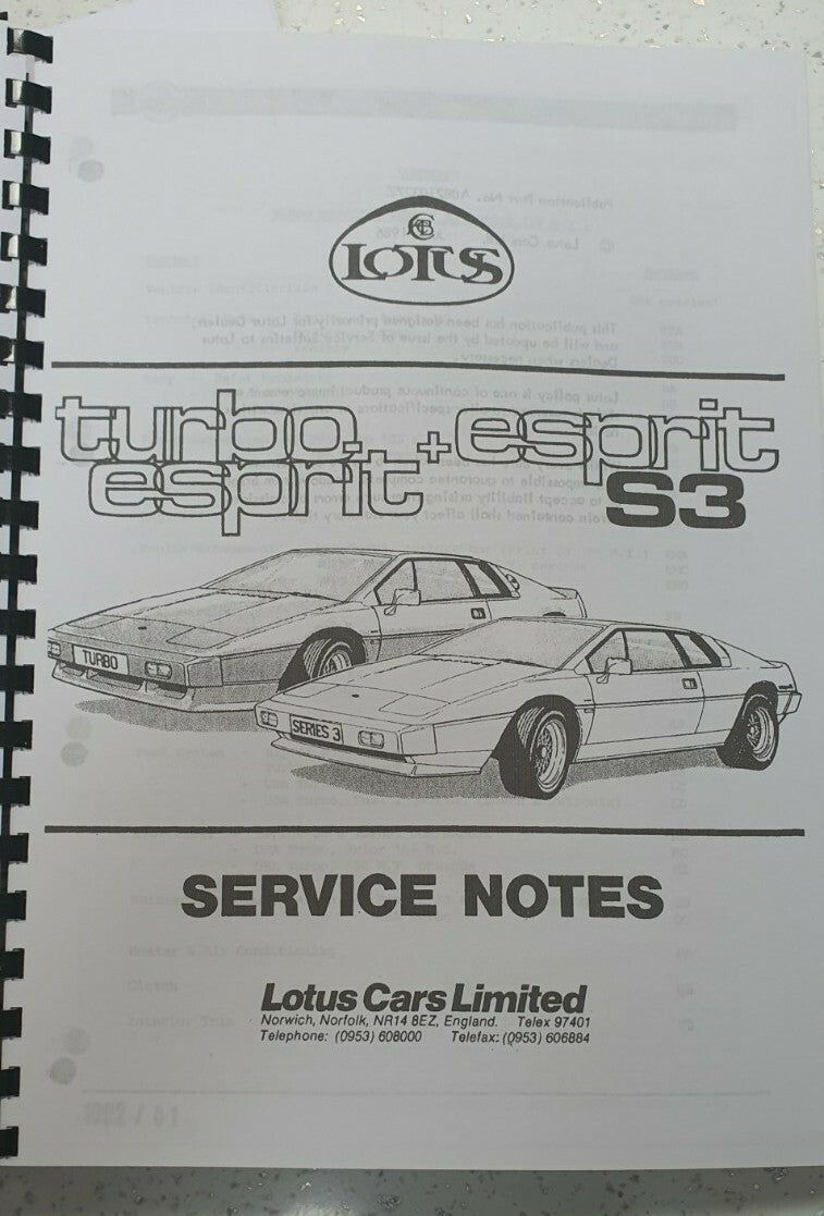 LOTUS TURBO ESPRIT & ESPRIT S3 SERVICE NOTES WORKSHOP MANUAL 80 - 87 REPRINTED