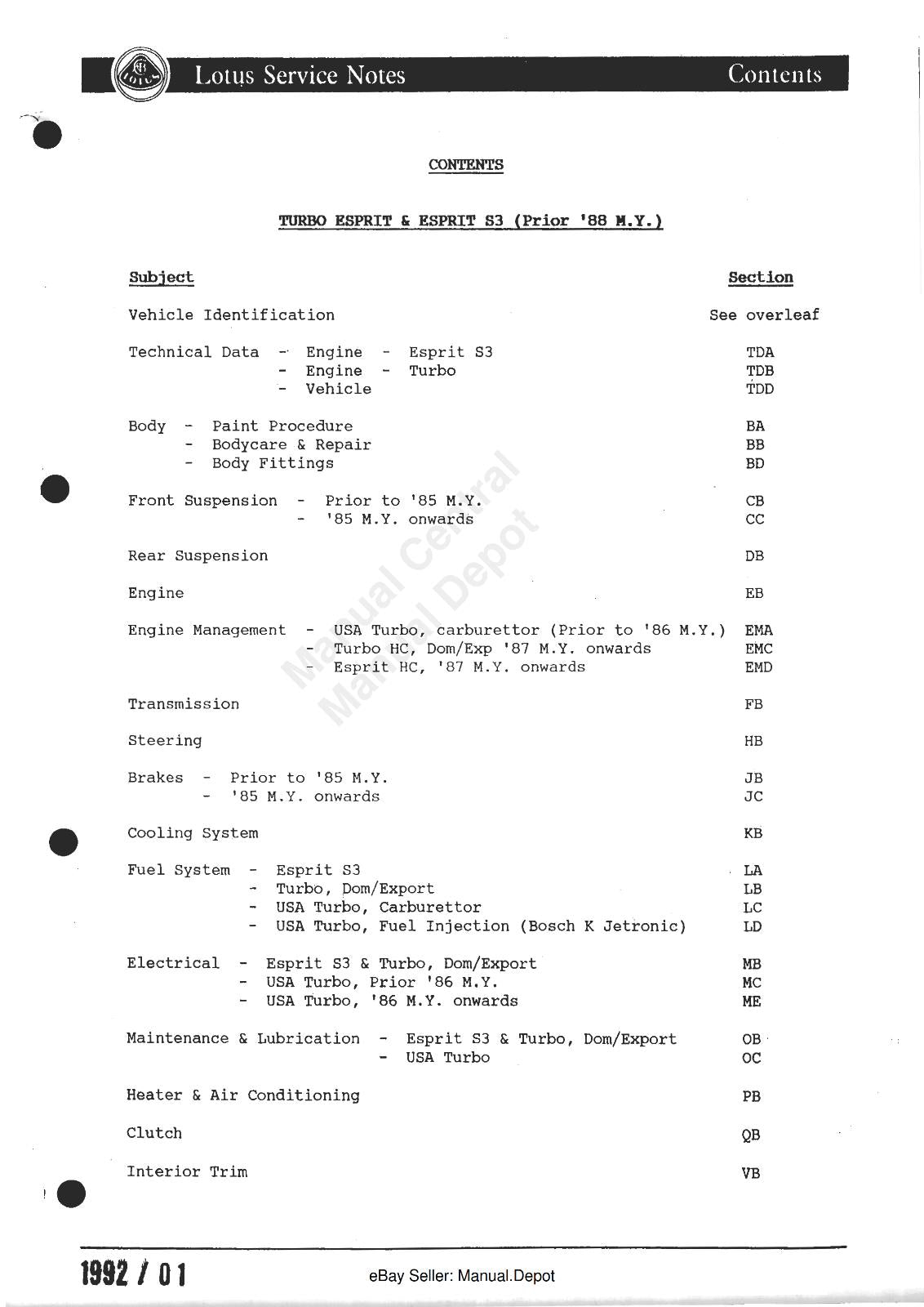 LOTUS TURBO ESPRIT & ESPRIT S3 SERVICE NOTES WORKSHOP MANUAL 80 - 87 REPRINTED