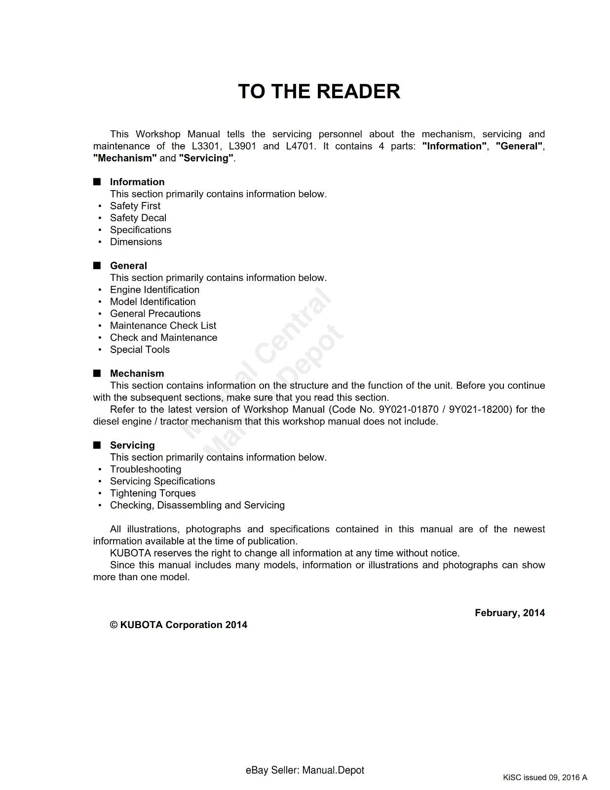 KUBOTA TRACTOR L3301 L3901 L4701 WORKSHOP SERVICE REPAIR MANUAL REPRINTED 2016