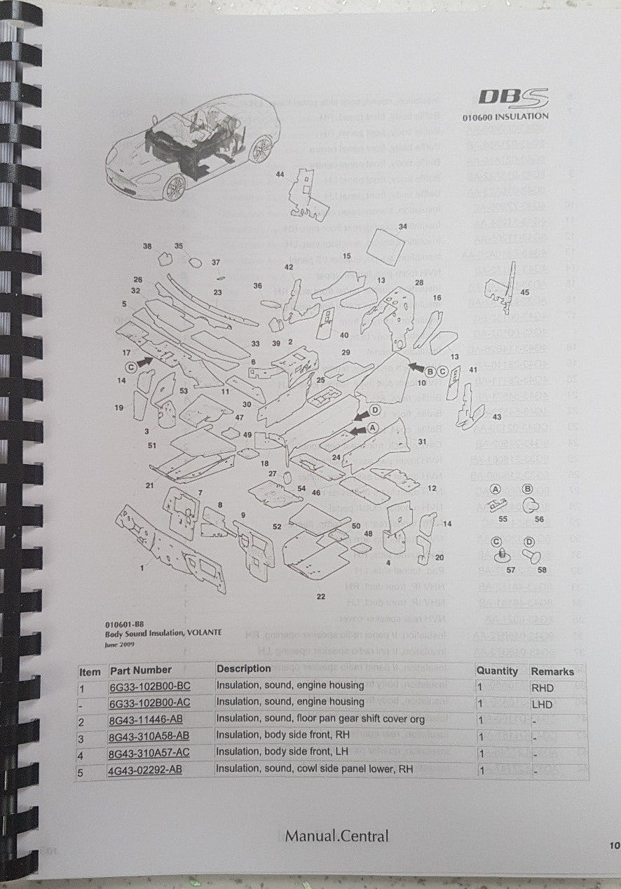 ASTON MARTIN DBS COUPE & VOLANTE PARTS MANUAL REPRINTED 2008 - 2012