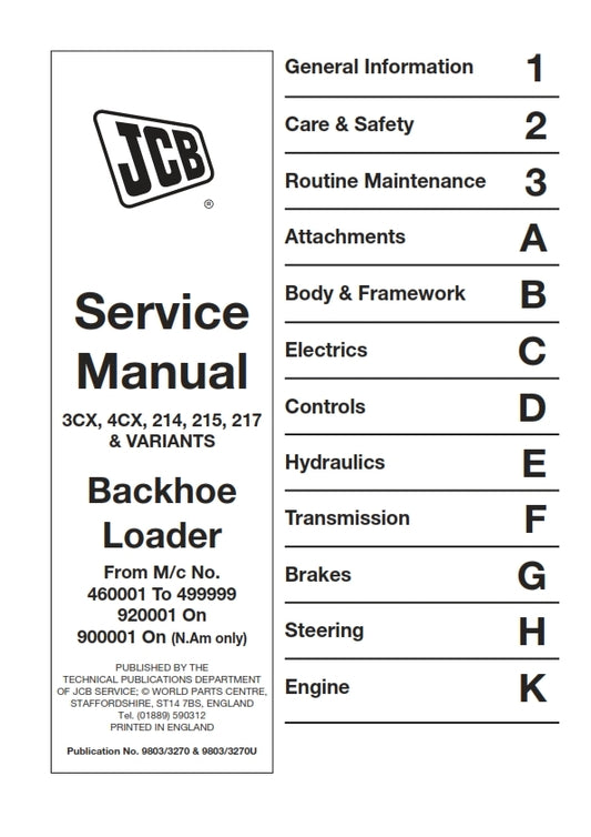 JCB 3CX 4CX 214 215 217 & VARIANTS SERVICE WORKSHOP 1994 TO 2007