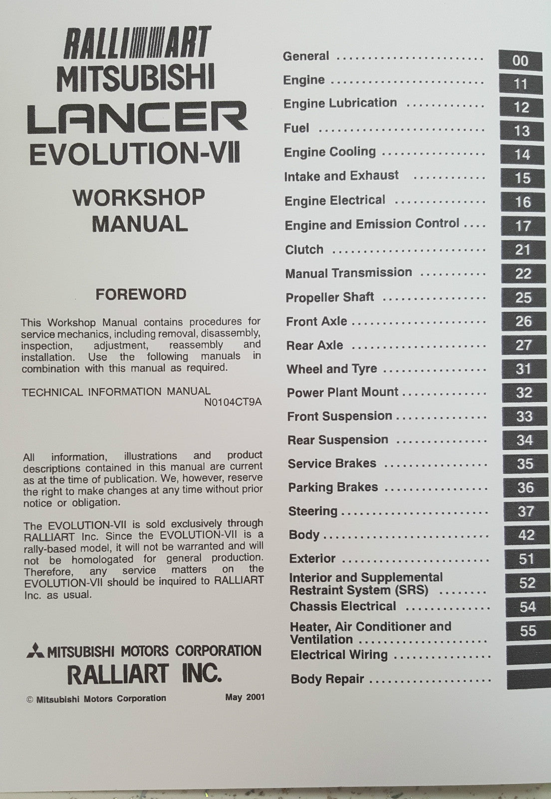 MITSUBISHI LANCER EVO VII 7 WORKSHOP MANUAL REPRINTED 1095 PAGES COMB BOUND