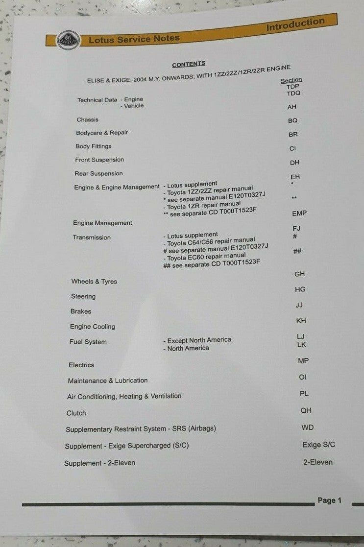 LOTUS 2 ELEVEN EXIGE ELISE SERVICE MANUAL 04 - 12 1ZZ 2ZZ 1ZR 2ZR REPRINTED