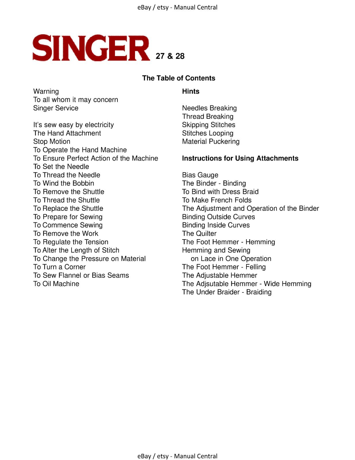 SINGER NO 27 28 VIBRATING SHUTTLE INSTRUCTION MANUAL REPRINTED COMB BOUND A4