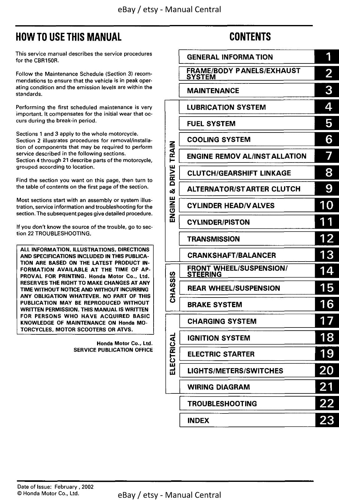 HONDA CBR150R SERVICE WORKSHOP MANUAL 2002 EDITION REPRINTED COMB BOUND