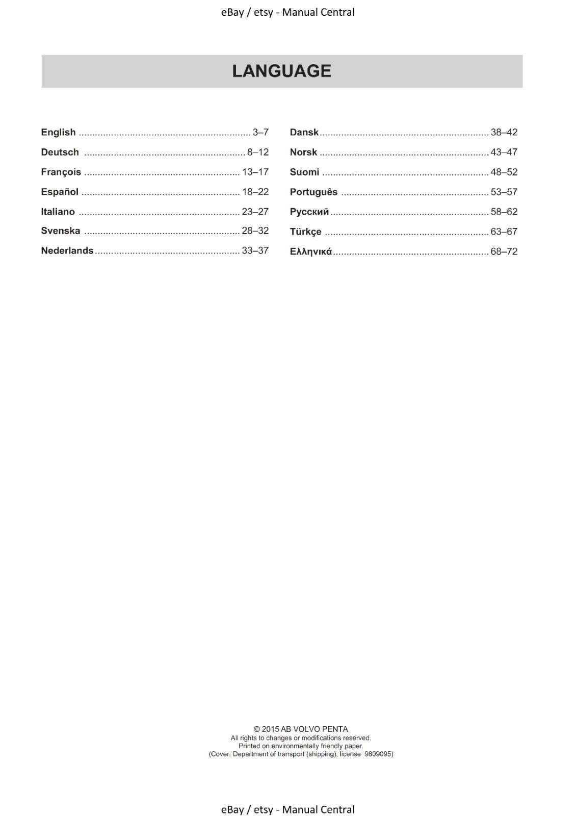 VOLVO PENTA D4 D6 SOLAS SUPPLEMENT TO OPERATOR MANUAL REPRINTED 11-2016