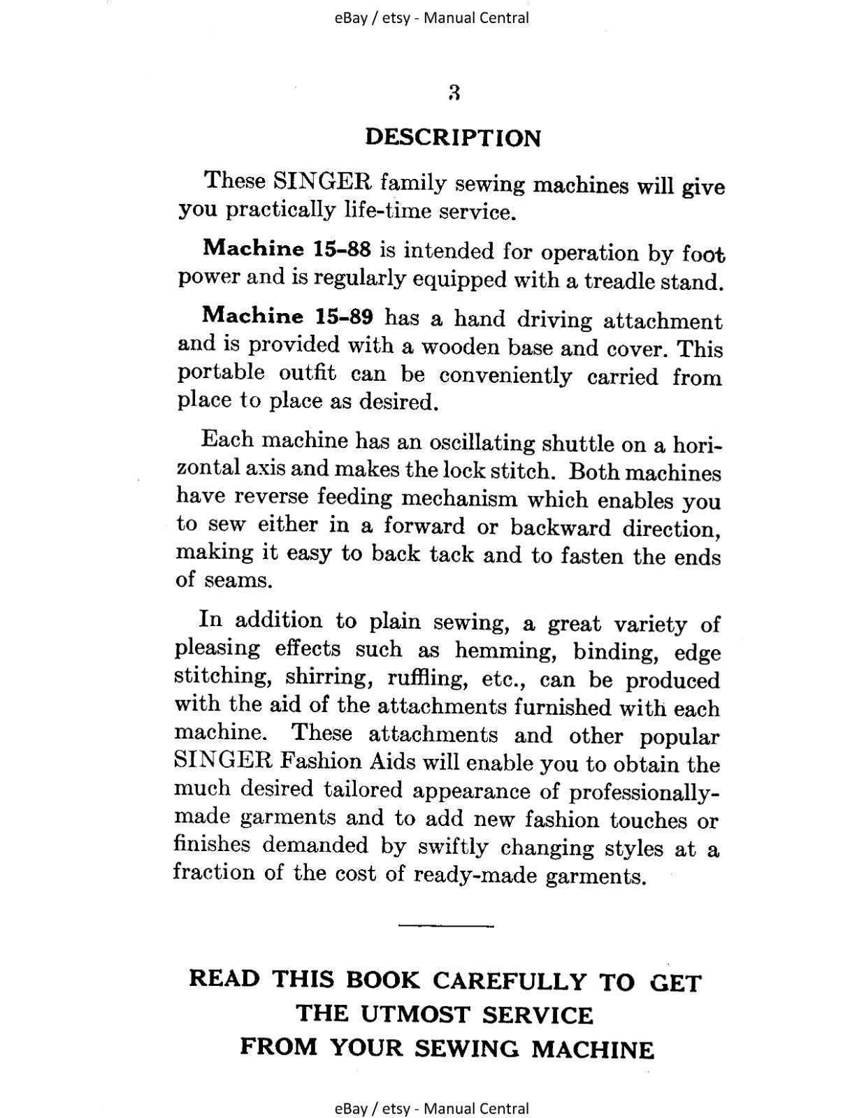 SINGER SEWING MACHINES 15-88 15-89 INSTRUCTION MANUAL REPRINTED COMB BOUND