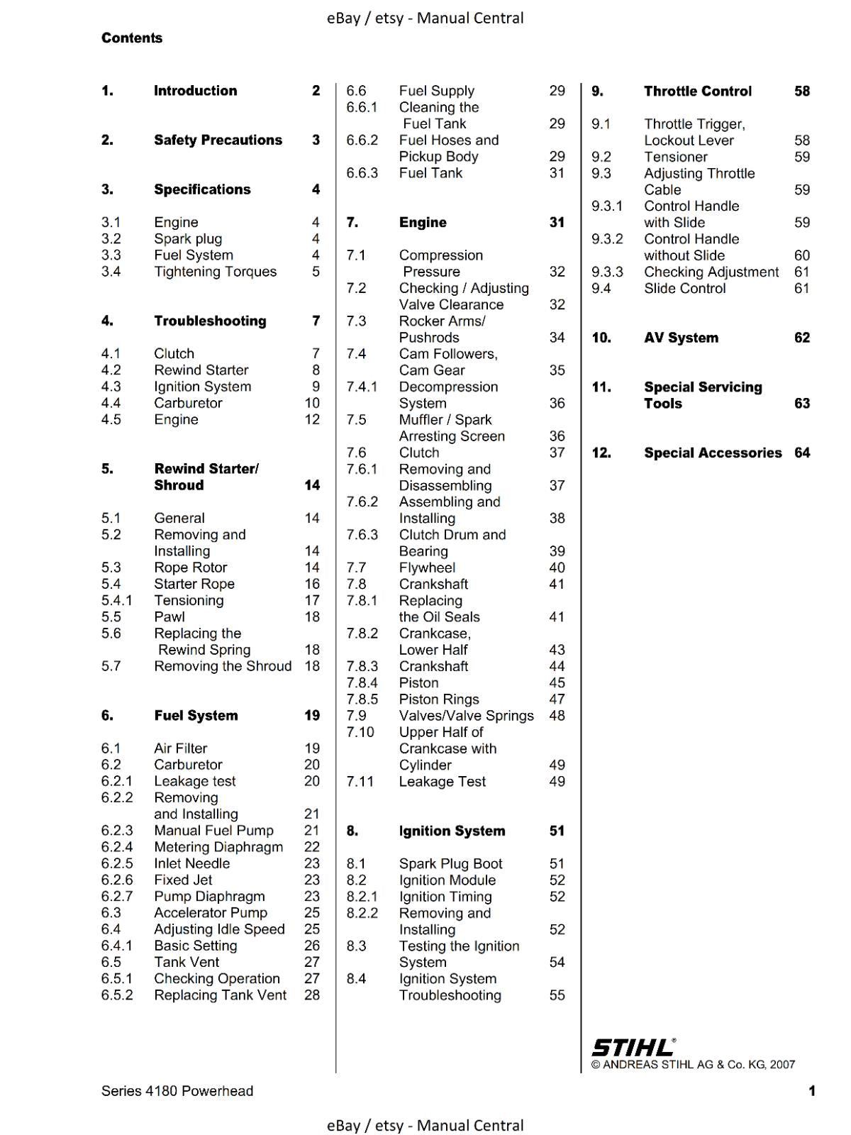 STIHL BASISMOTOR 4180 POWERHEAD - HL HT 100 101 130 131  SERVICE WORKSHOP 2007