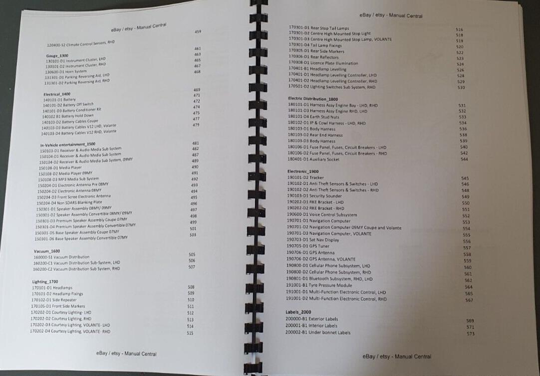 ASTON MARTIN DB9 & DB9 VOLANTE  - PARTS MANUAL 2004 to 2012