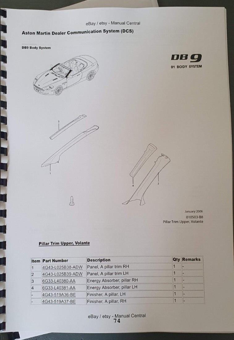 ASTON MARTIN DB9 & DB9 VOLANTE  - PARTS MANUAL 2004 to 2012