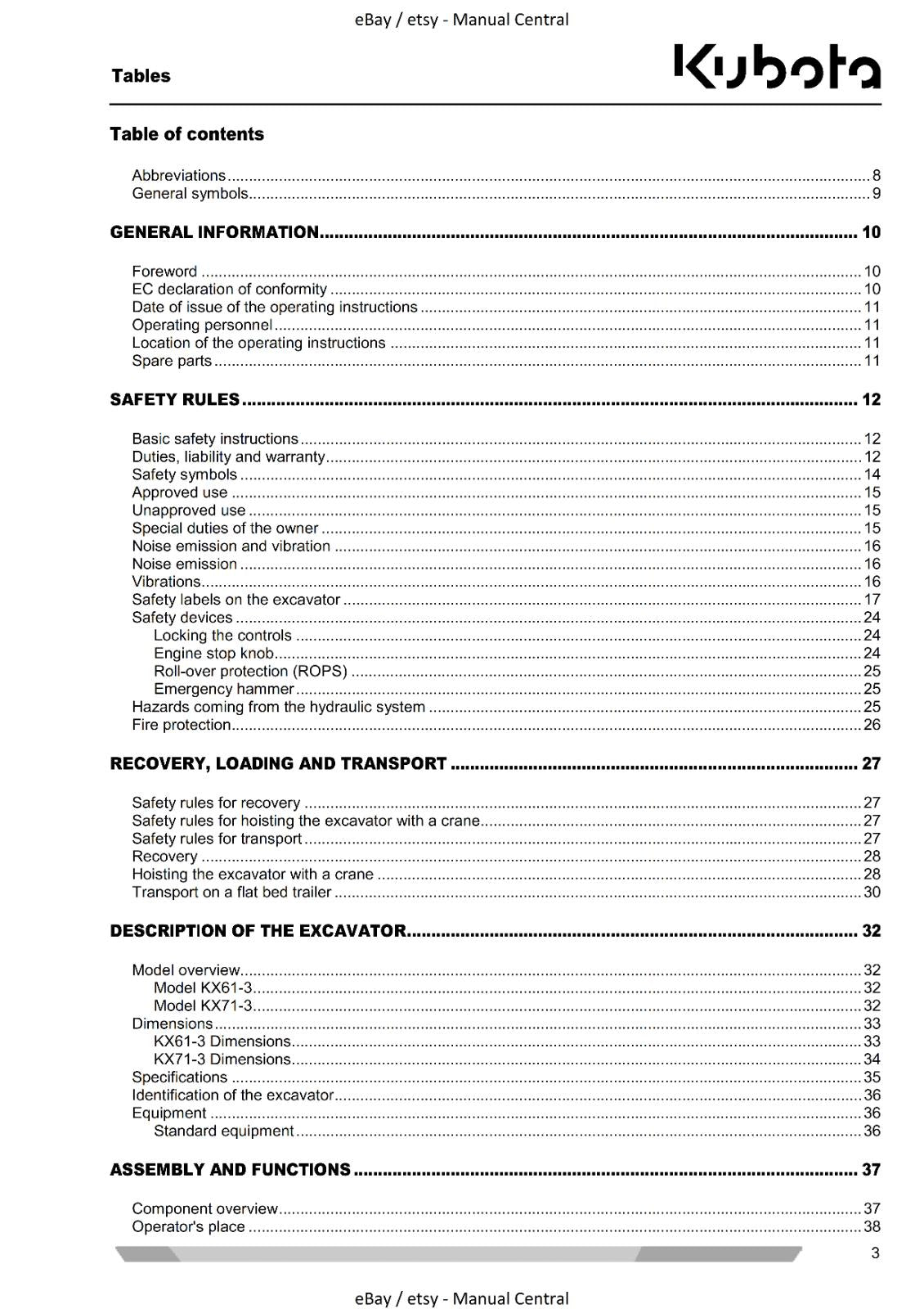 KUBOTA KX61-3 KX71-3 MINI EXCAVATOR OPERATOR MANUAL REPRINTED COMB BOUND