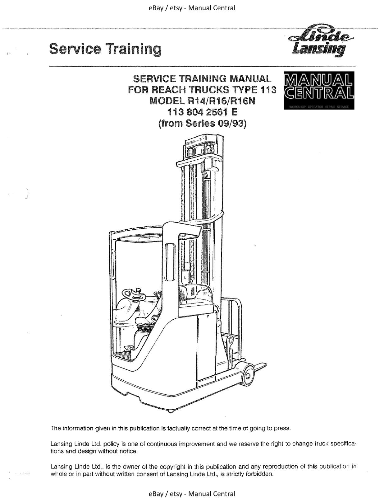 LINDE R14 R14 R16 R16N - 113 SERIES FROM 09/93 - SERVICE TRAINING MANUAL