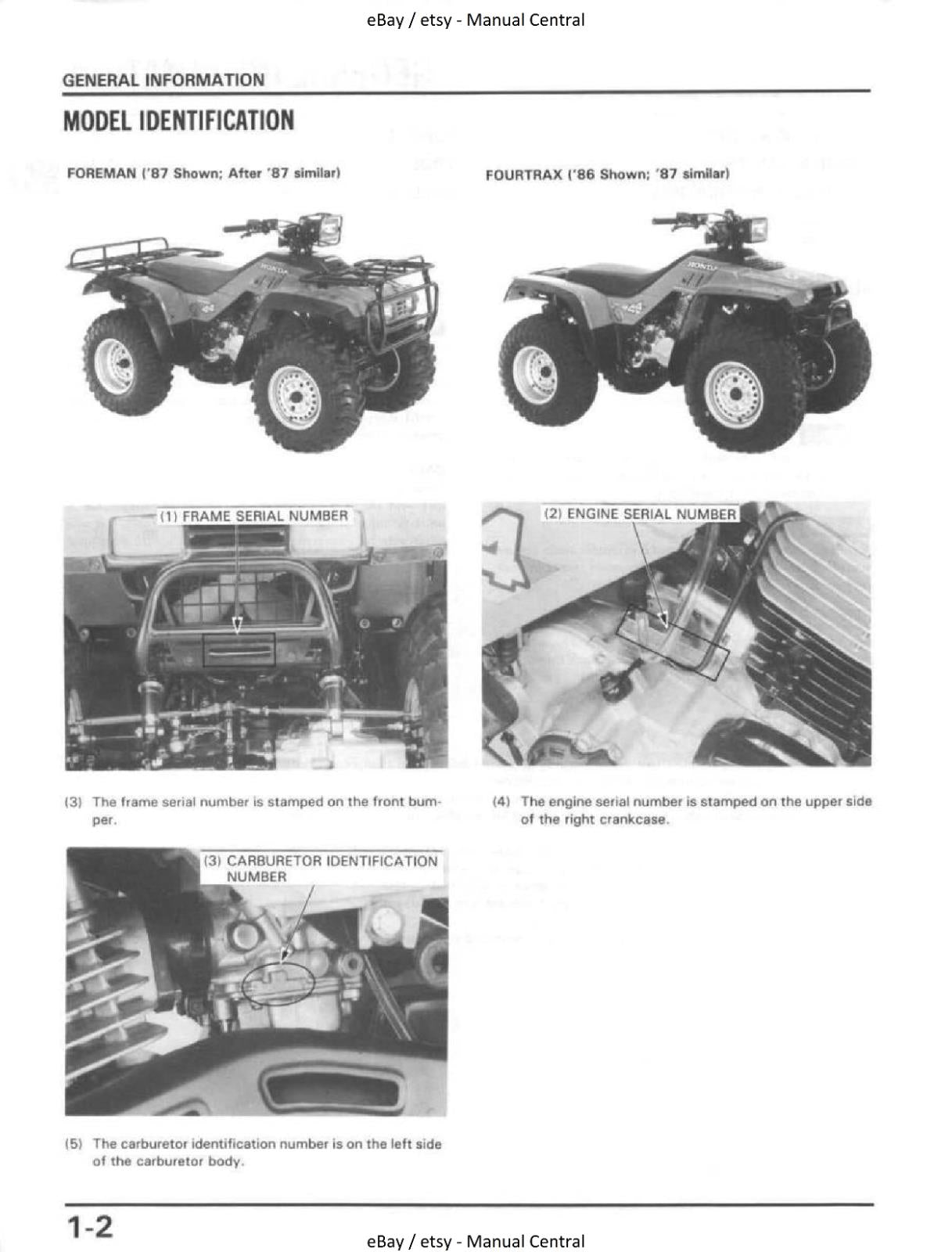 HONDA 86-87 TRX350 FOURTRAX - 87-89 TRX350D FOREMAN SERVICE WORKSHOP MANUAL