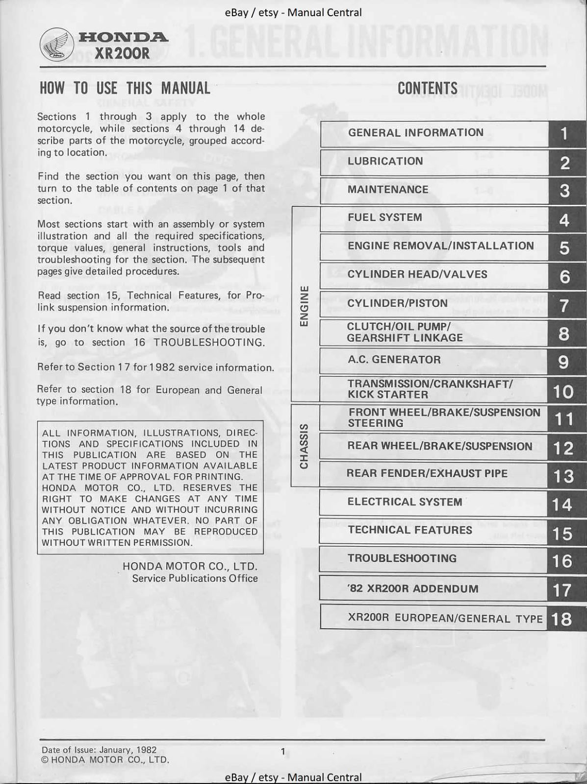 HONDA XR200R 1981 TO 1982 EDITION SERVICE WORKSHOP MANUAL REPRINTED COMB BOUND