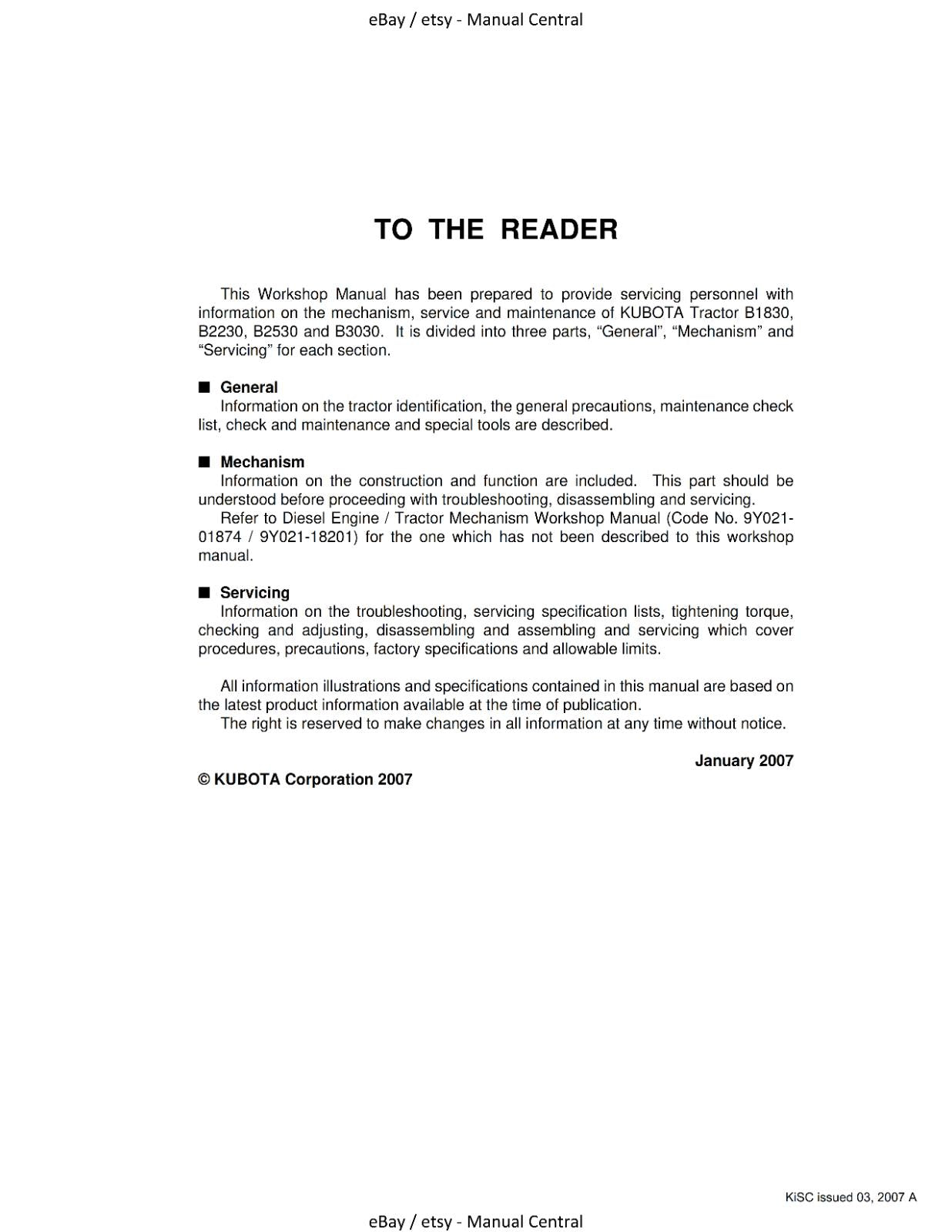 KUBOTA TRACTOR B1830 B2230 B2530 B3030 WORKSHOP SERVICE REPAIR MANUAL 2007