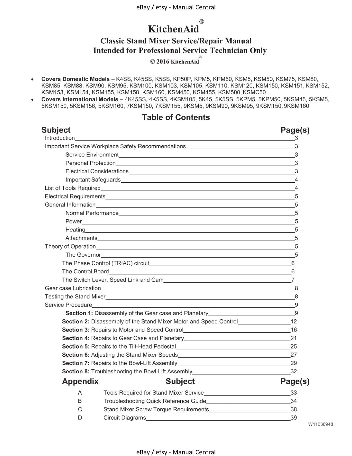 KITCHENAID CLASSIC STAND MIXER SERVICE WORKSHOP REPAIR MANUAL SEE DESCRIPTION