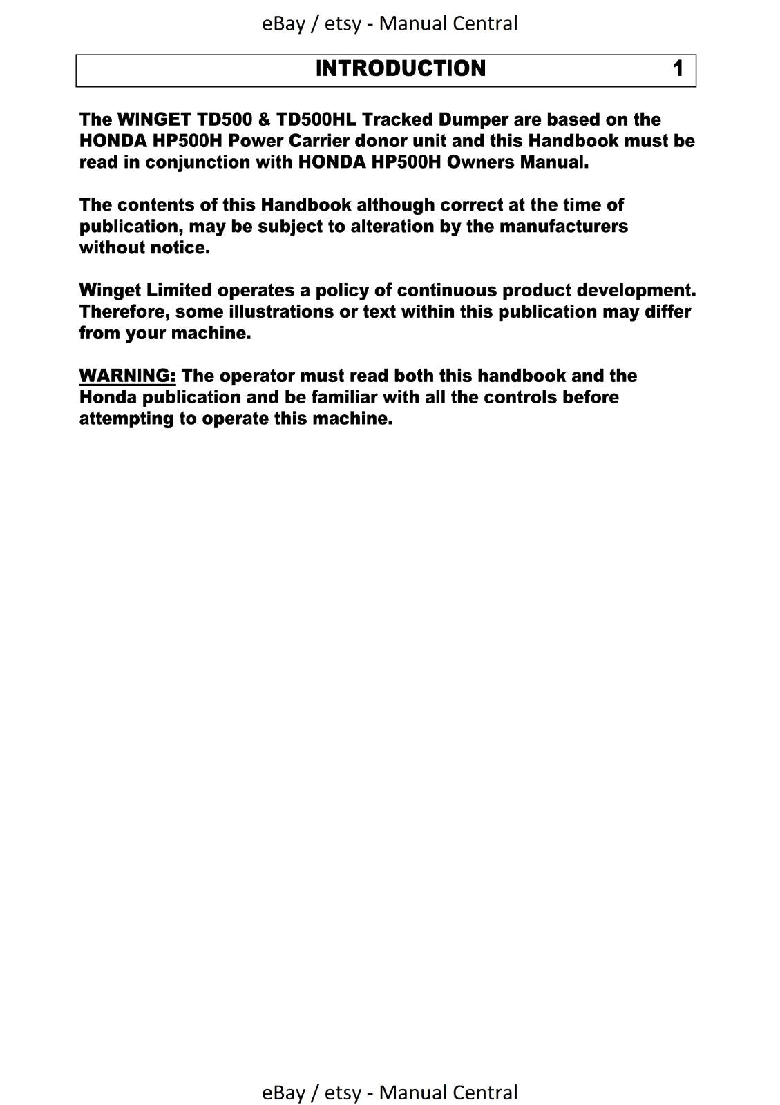 WINGET  (HONDA) TD500 TD500HL TRACKED DUMPER OPERATOR AND PARTS MANUAL