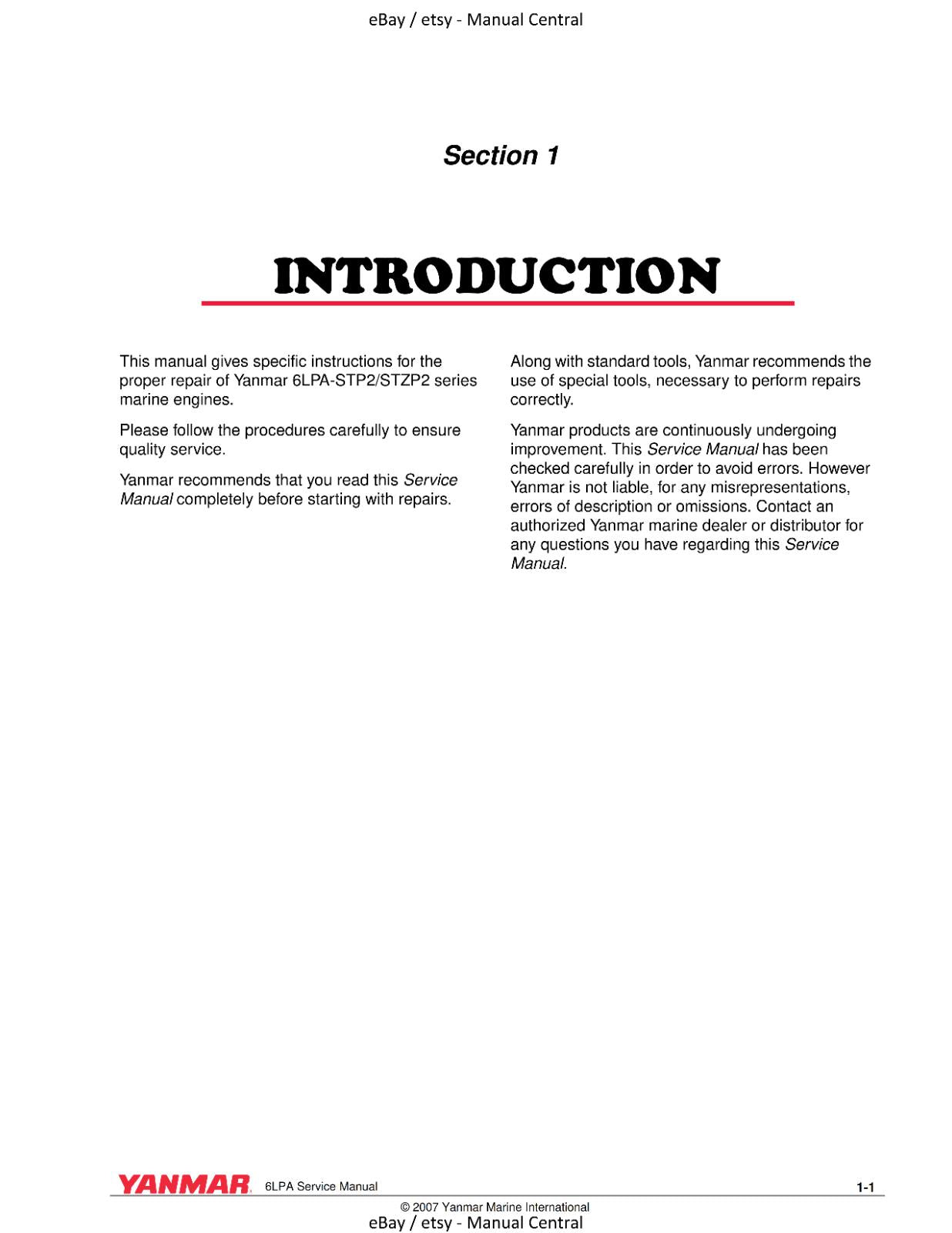 YANMAR 6LPA SERIES 6LPA-STP2 6LPA-STZP2 SERVICE MANUAL MARINE ENGINE REPRINTED