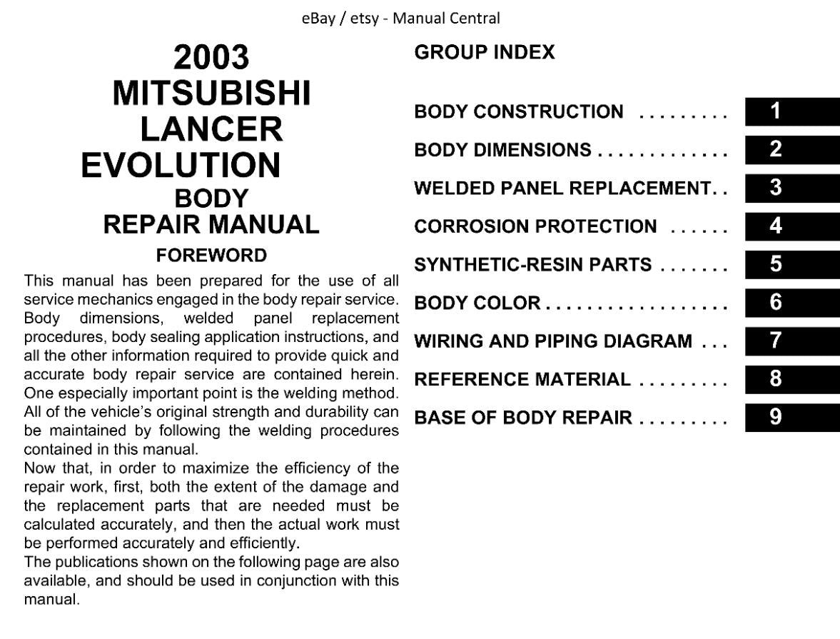 MITSUBISHI LANCER EVO VIII 8 BODY REPAIR MANUAL REPRINTED COMB BOUND