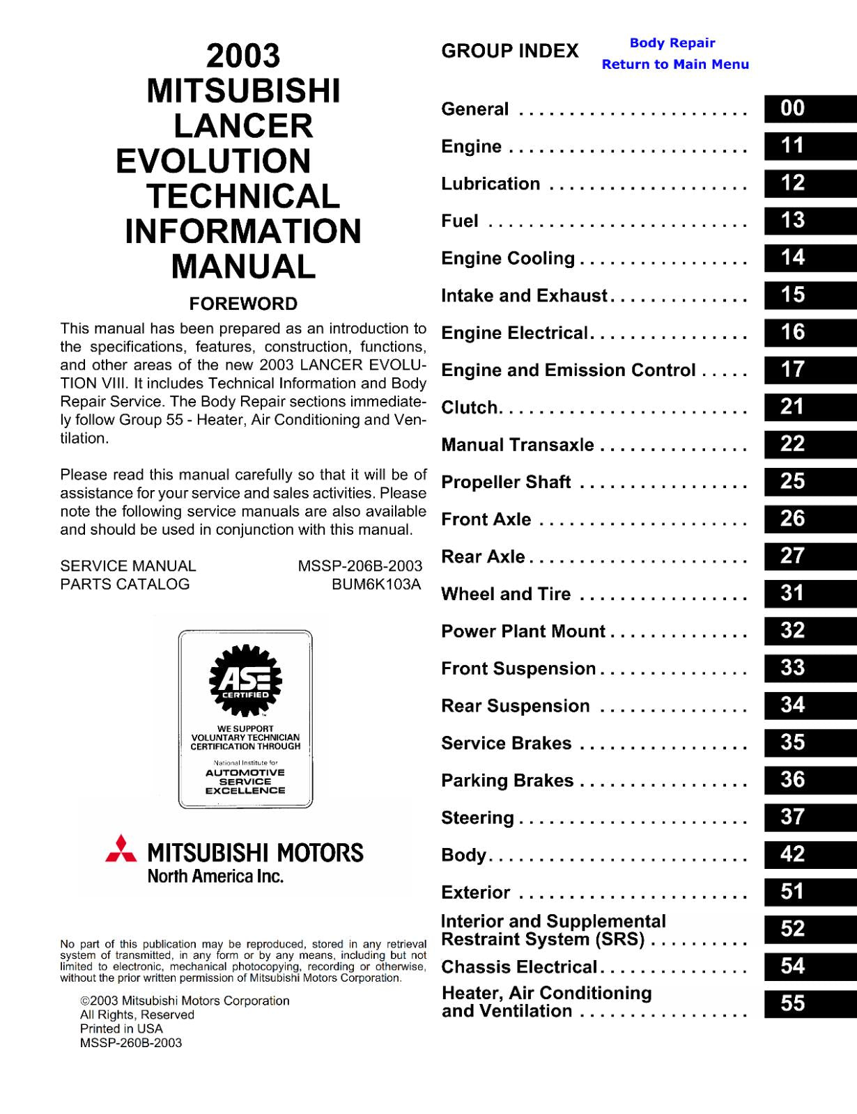 MITSUBISHI LANCER EVO VIII 8 TECHNICAL INFORMATION MANUAL REPRINTED COMB BOUND