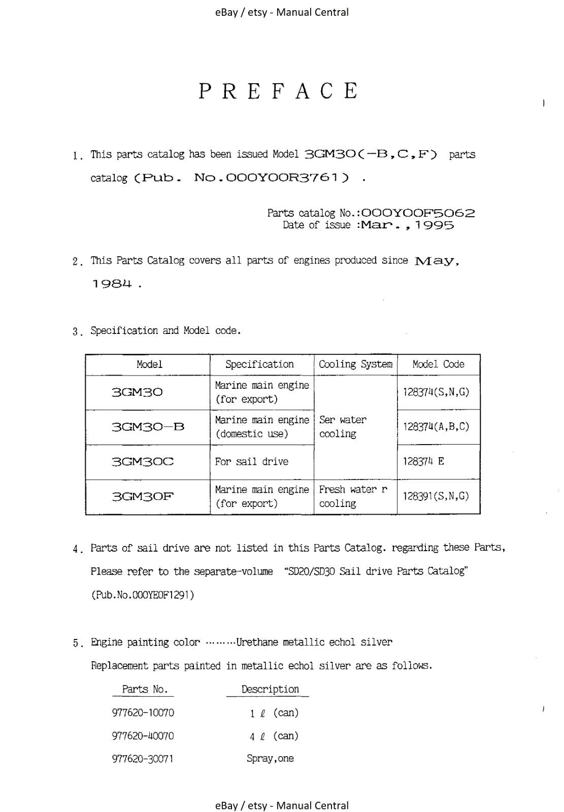 YANMAR 3GM30 3GM30-B 3GM30C 3GM30F ENGINE PARTS MANUAL REPRINTED 2010 REVISION