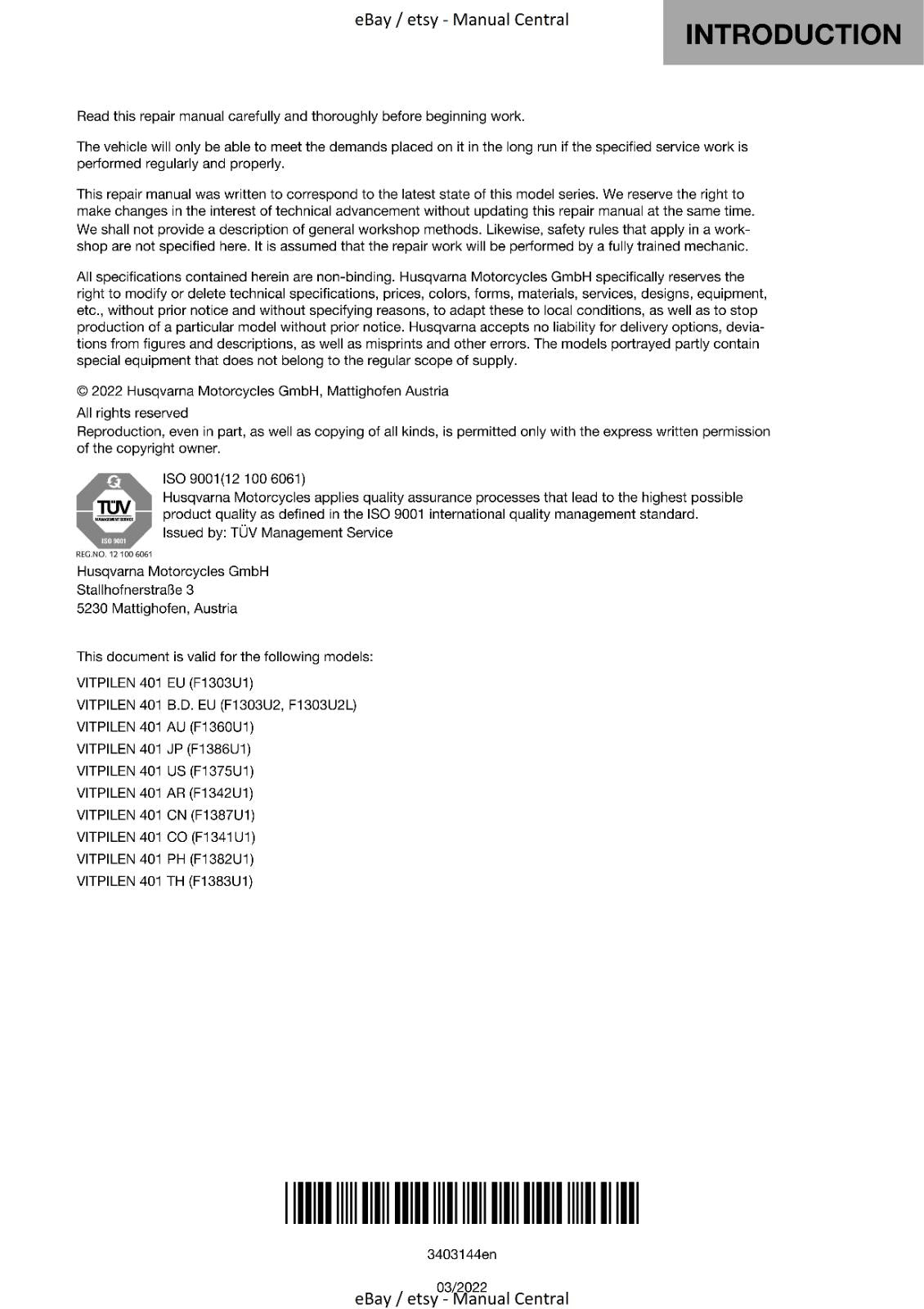 HUSQVARNA VITPILEN 401 2021 EDITION REPAIR WORKSHOP SERVICE MANUAL REPRINTED