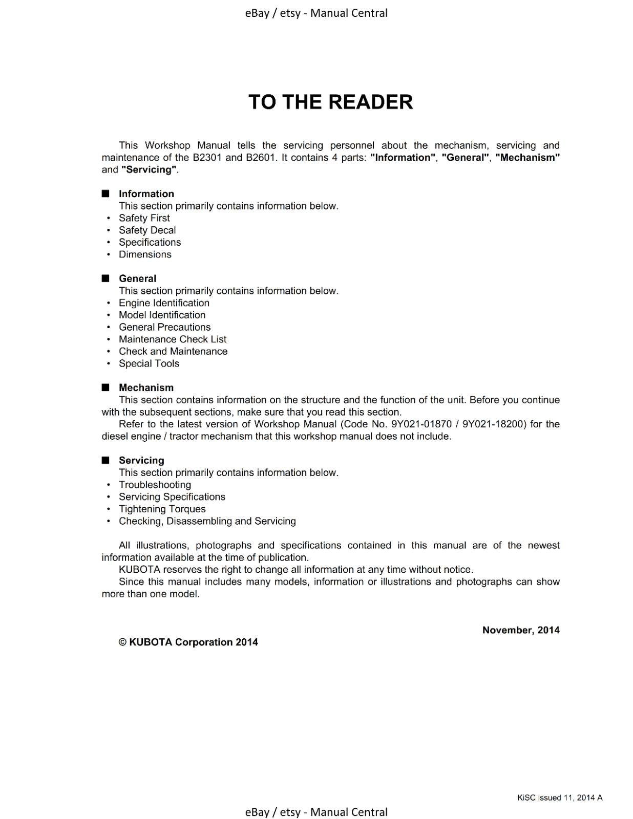 KUBOTA TRACTOR B2301 B2601 WORKSHOP MANUAL REPRINTED