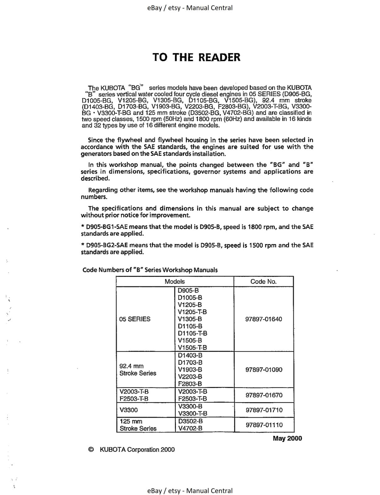 KUBOTA DIESEL ENGINES BG SERIES  WORKSHOP SERVICE MANUAL REPRINTED COMB BOUND