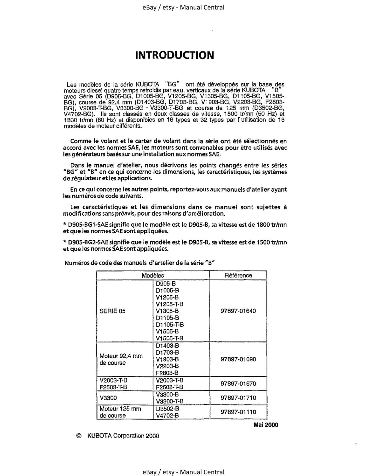 KUBOTA DIESEL ENGINES BG SERIES  WORKSHOP SERVICE MANUAL REPRINTED COMB BOUND