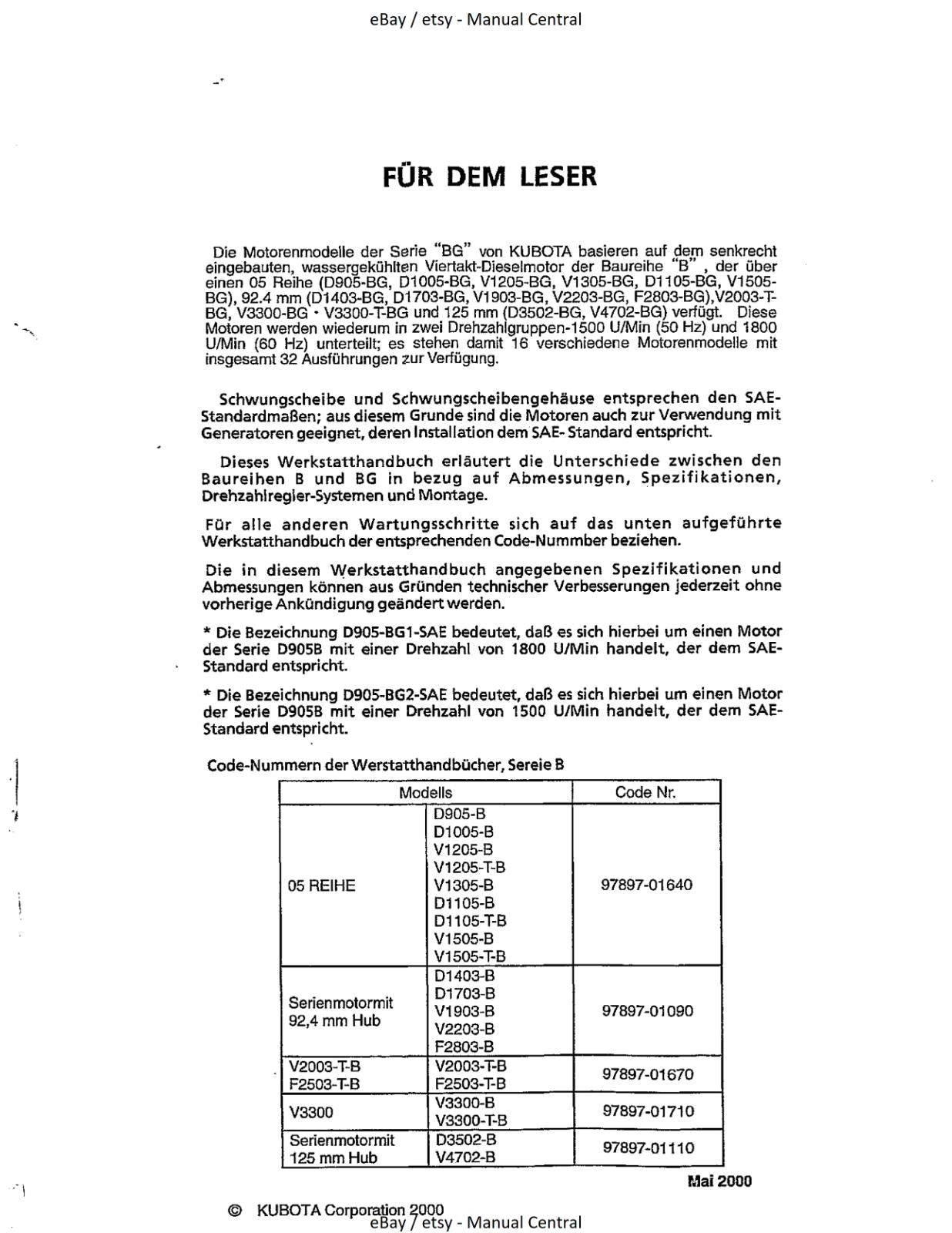 KUBOTA DIESEL ENGINES BG SERIES  WORKSHOP SERVICE MANUAL REPRINTED COMB BOUND