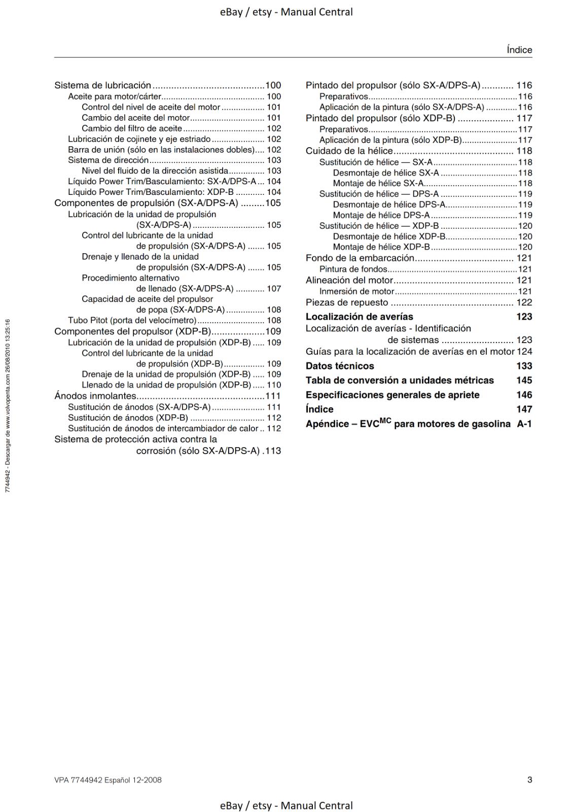 VOLVO PENTA LIBRO DE INSTRUCCIONES - 3.0L 4.3L 5.0L 5.7L 8.1L SX-A DPS-A XDP-B