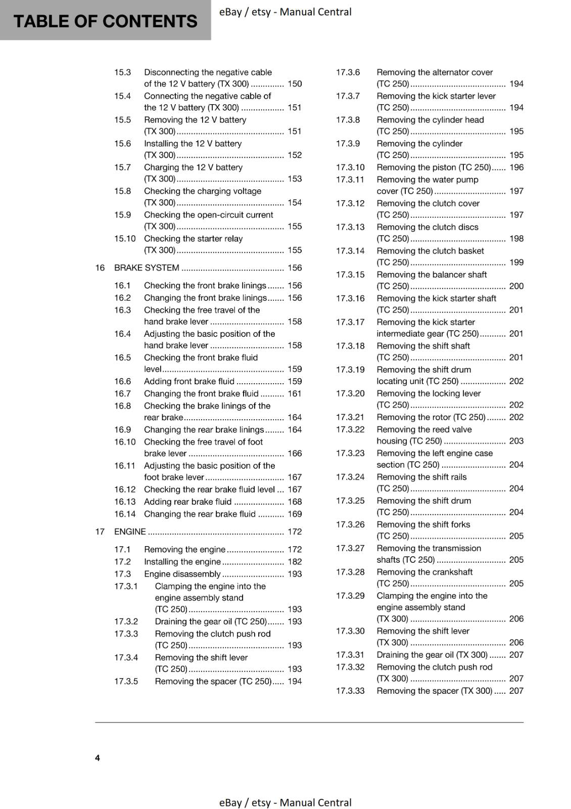 HUSQVARNA 2017 - TC 250 TX 300 - WORKSHOP SERVICE MANUAL REPRINTED